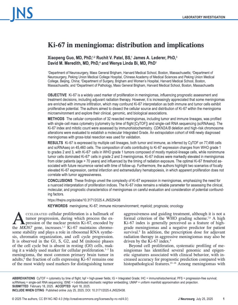 First page of "Ki-67 in meningioma: distribution and implications" in Journal of Neurosurgery