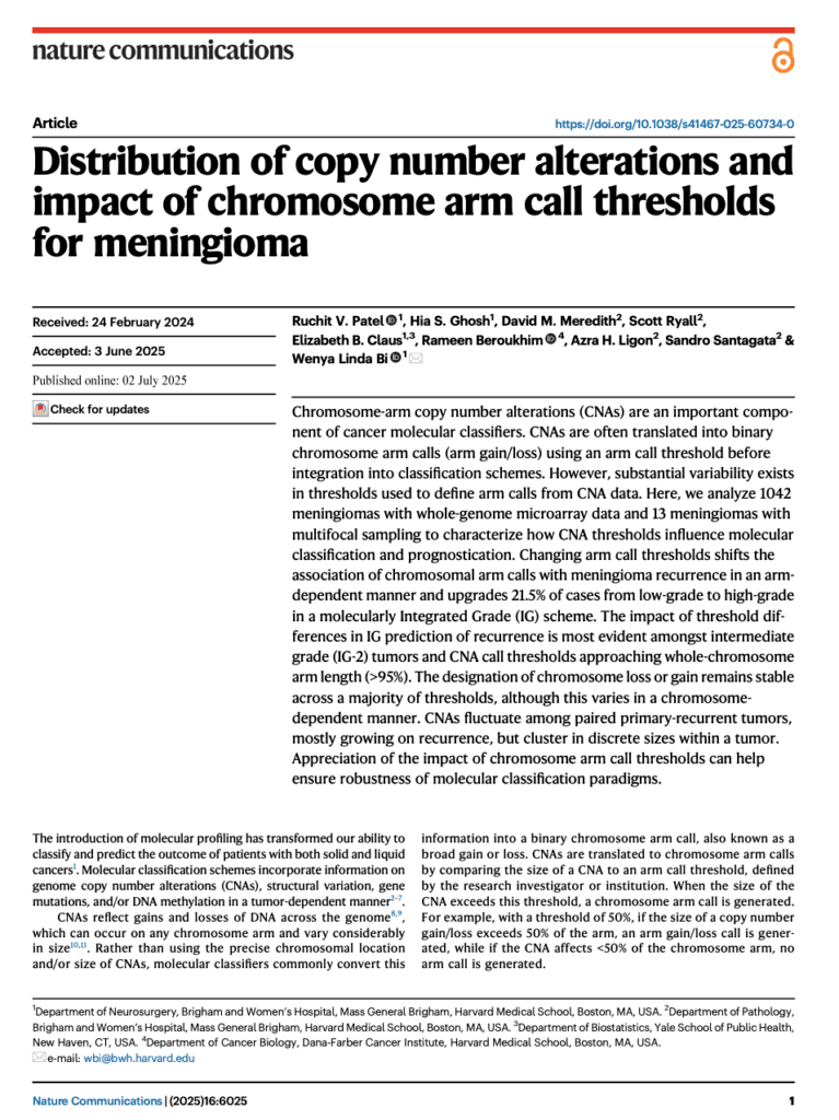First page of "New Study Reveals How Genomic Thresholds Shape Meningioma Classification and Recurrence Risk" in Nature Communications